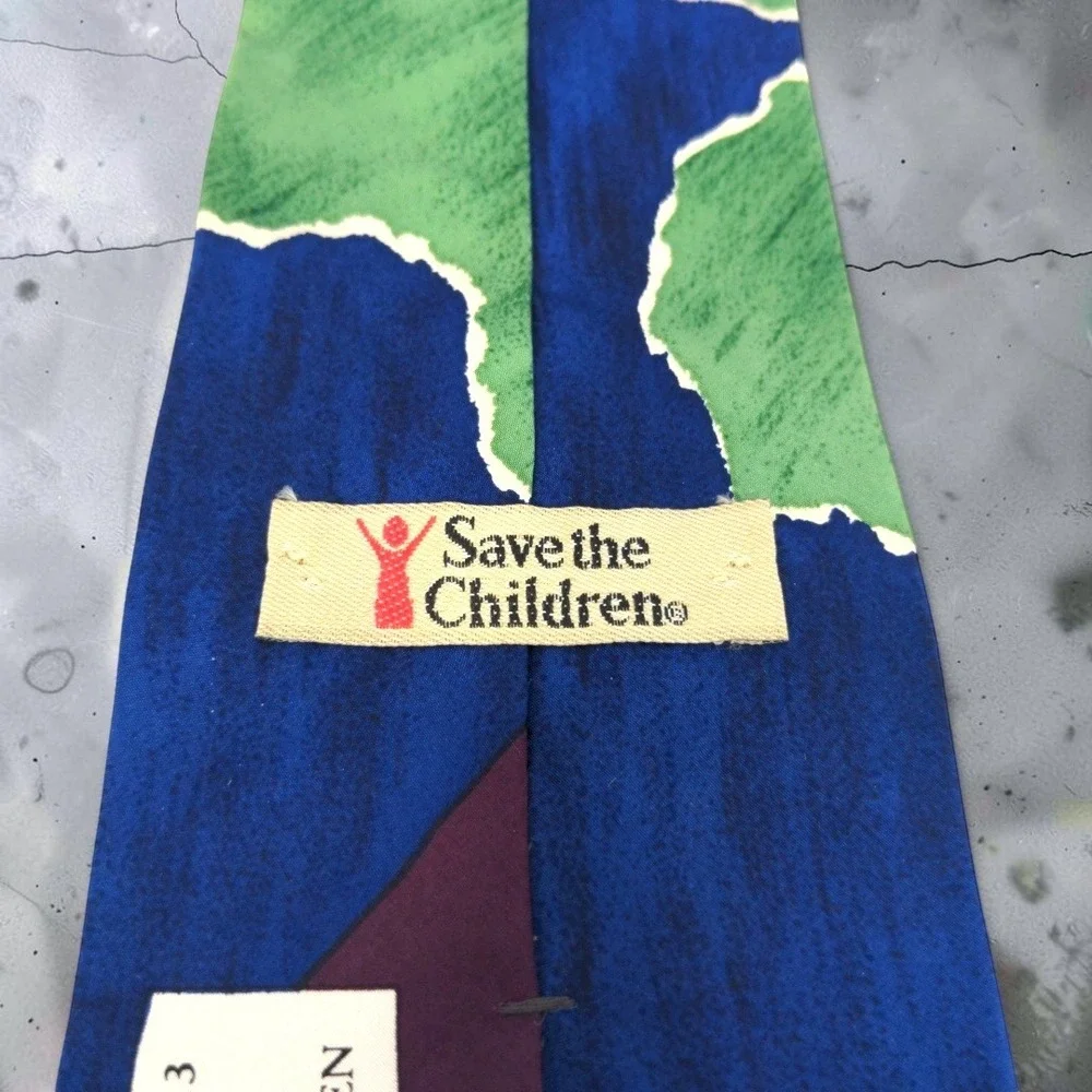 VTG Save the Children Silk Tie World Map Stars Michael Age 13 Blue Purple Mens